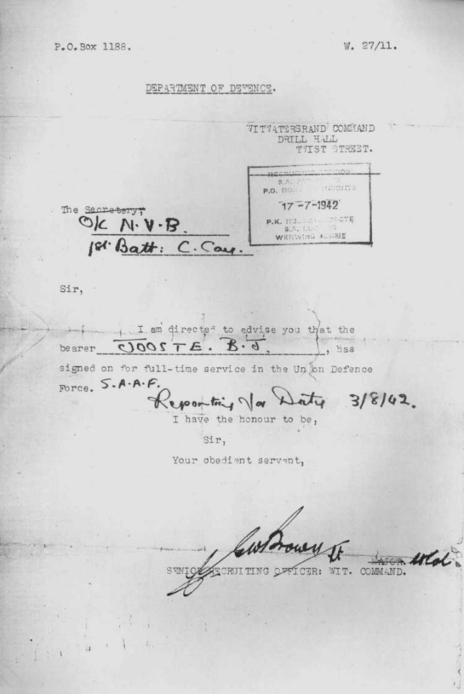 Ben Jooste 02. Enlistment Letter